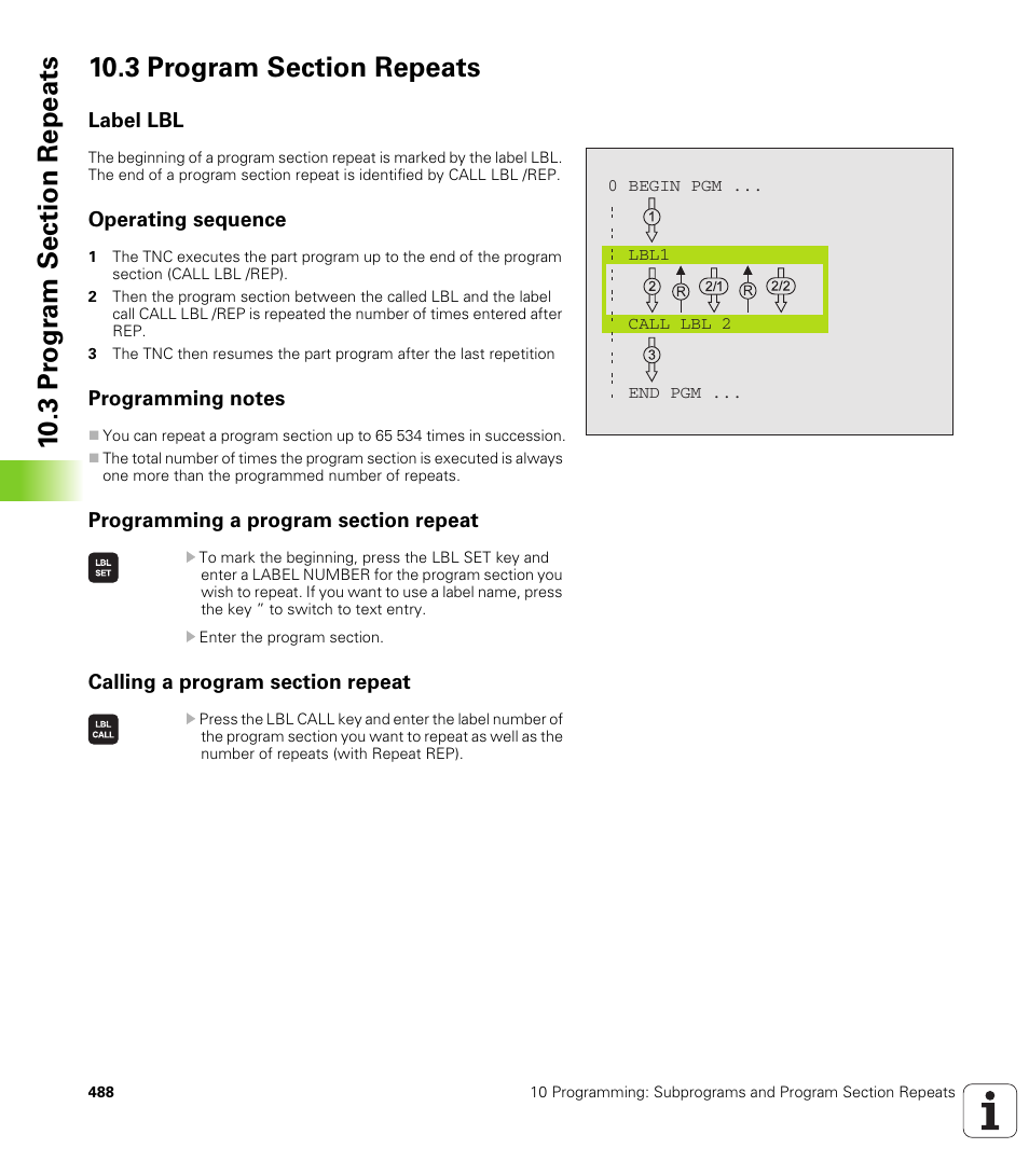 3 program section repeats, Label lbl, Operating sequence | Programming notes, Programming a program section repeat, Calling a program section repeat | HEIDENHAIN iTNC 530 (340 49x-01) User Manual | Page 488 / 653