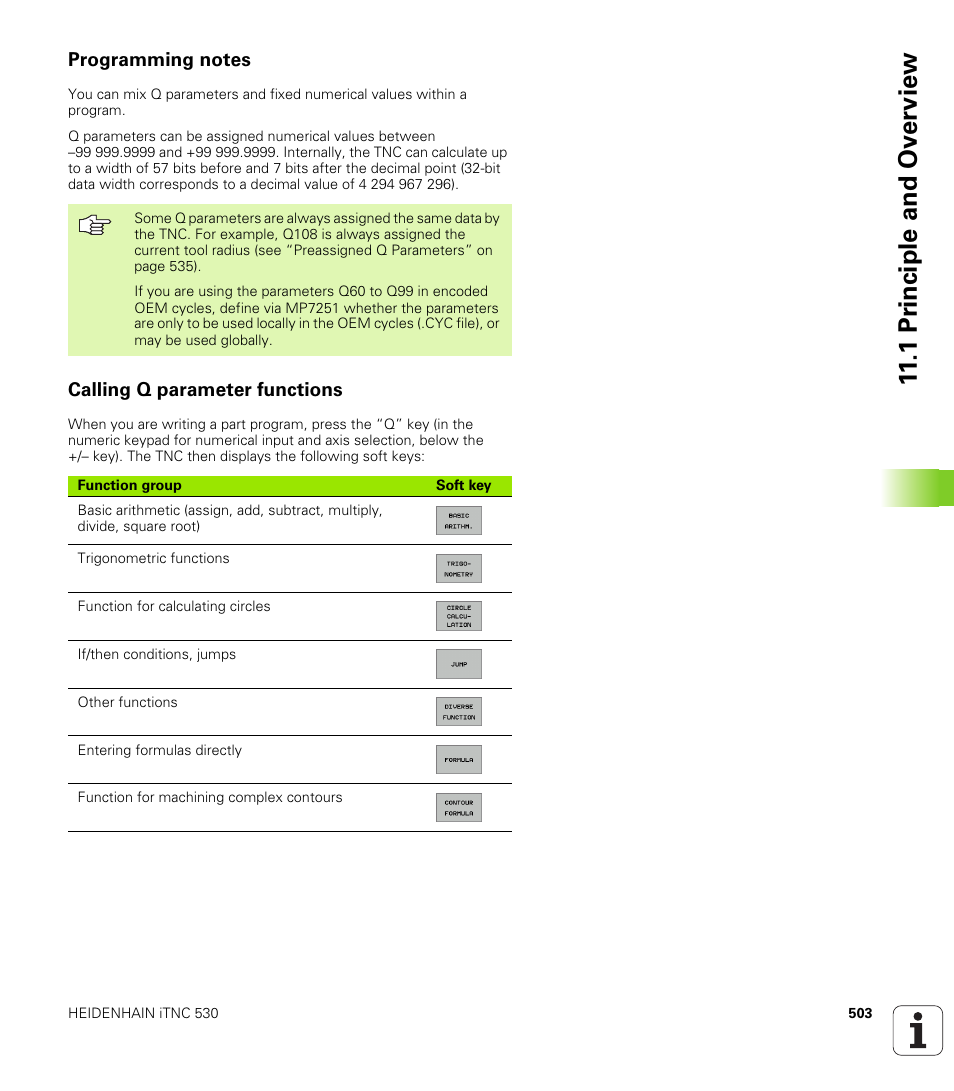 Programming notes, Calling q parameter functions, 1 pr inciple and ov erview | HEIDENHAIN iTNC 530 (340 49x-01) User Manual | Page 503 / 653