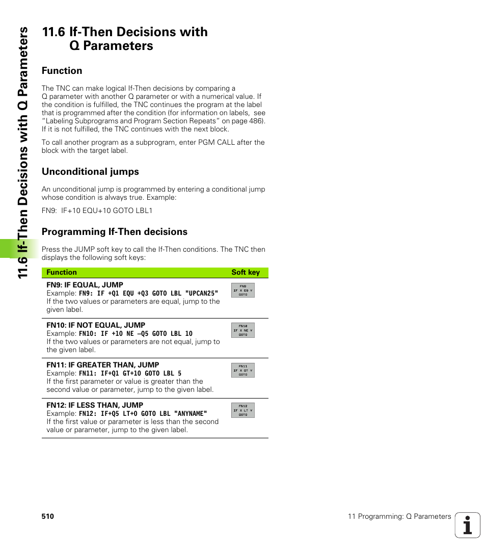 6 if-then decisions with q parameters, Function, Unconditional jumps | Programming if-then decisions, If/then conditions, jumps | HEIDENHAIN iTNC 530 (340 49x-01) User Manual | Page 510 / 653