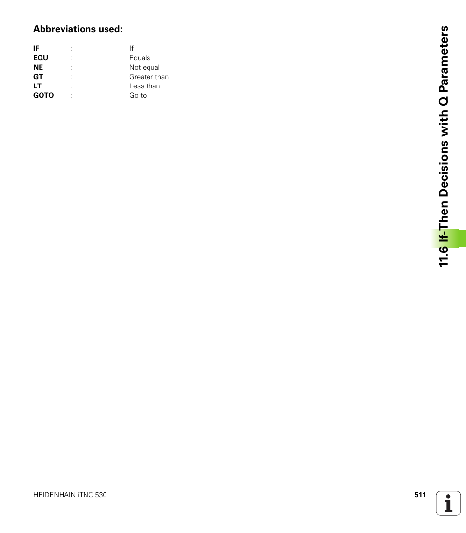 Abbreviations used, 6 if-then decisions with q p ar amet ers | HEIDENHAIN iTNC 530 (340 49x-01) User Manual | Page 511 / 653
