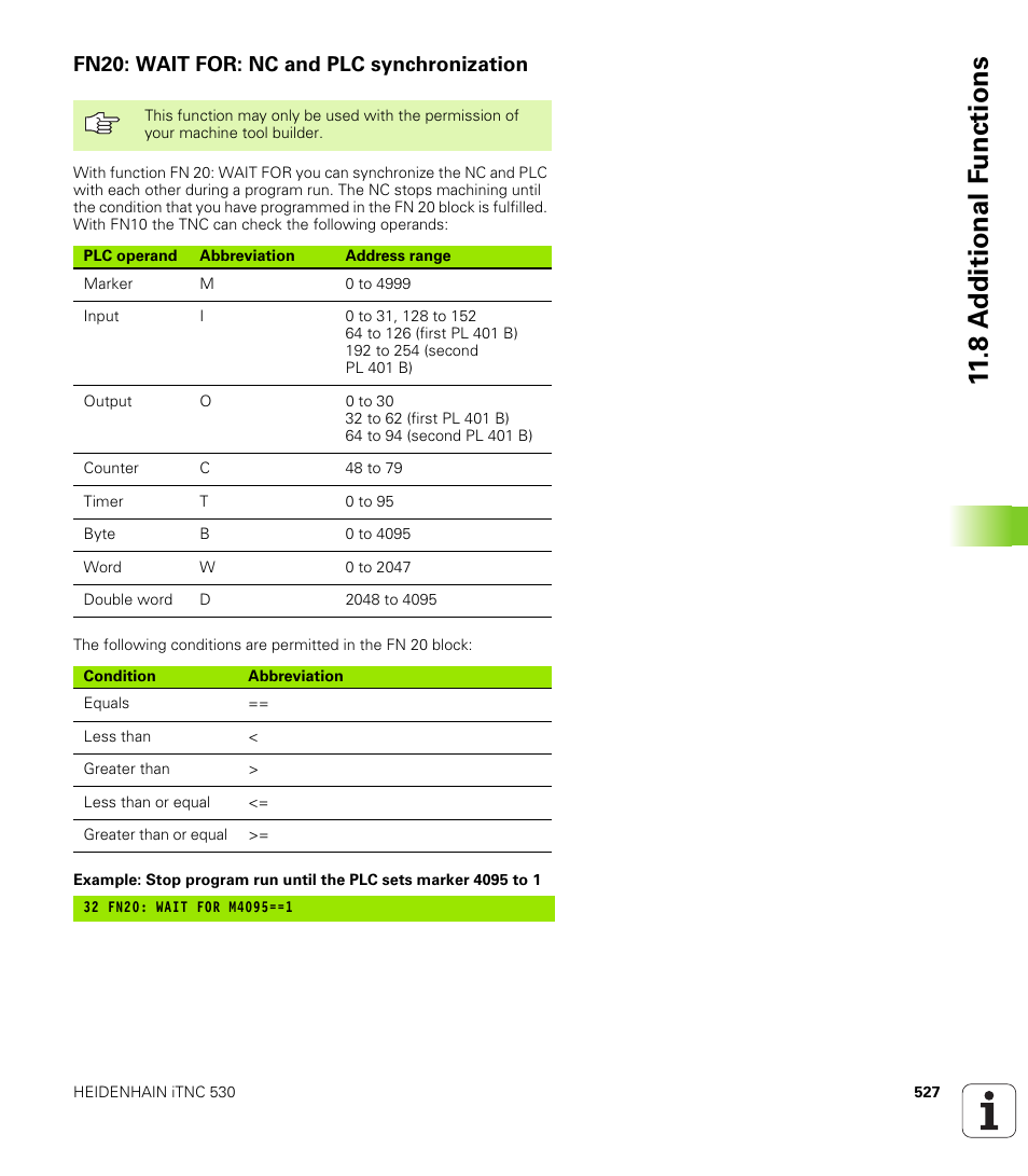 Fn20: wait for: nc and plc synchronization, 8 a d ditional f unctions | HEIDENHAIN iTNC 530 (340 49x-01) User Manual | Page 527 / 653