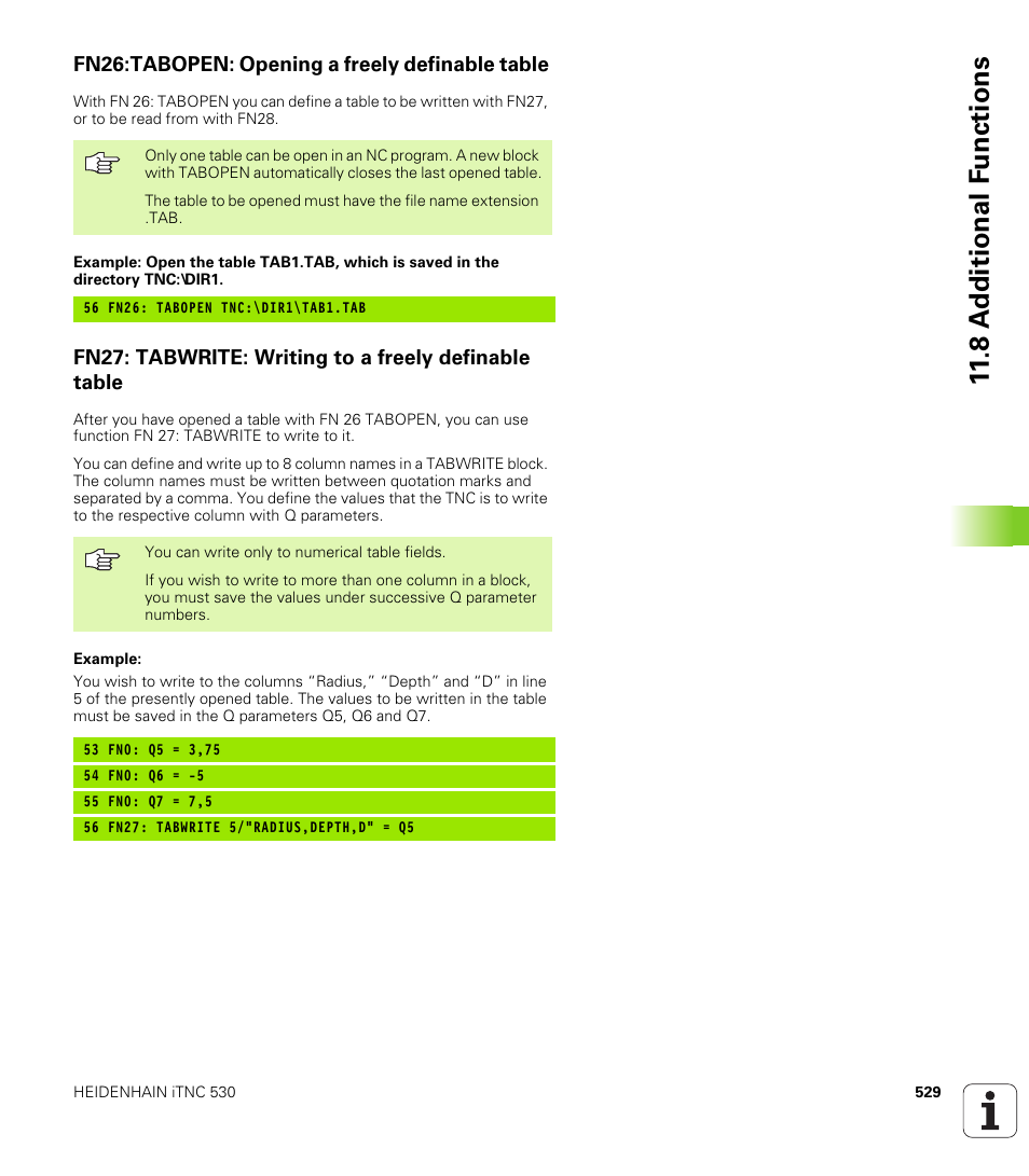 Fn26:tabopen: opening a freely definable table, 8 a d ditional f unctions | HEIDENHAIN iTNC 530 (340 49x-01) User Manual | Page 529 / 653