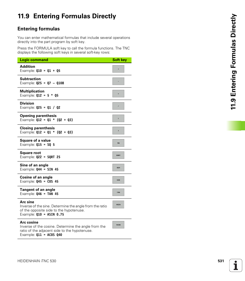 9 entering formulas directly, Entering formulas, Entering formulas directly | HEIDENHAIN iTNC 530 (340 49x-01) User Manual | Page 531 / 653