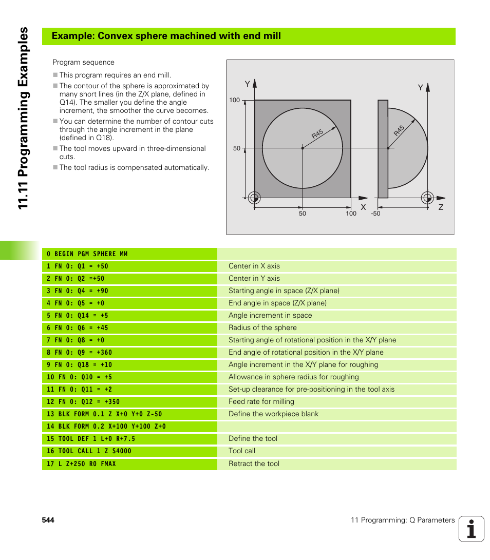 1 1 pr ogr amming examples, Example: convex sphere machined with end mill | HEIDENHAIN iTNC 530 (340 49x-01) User Manual | Page 544 / 653