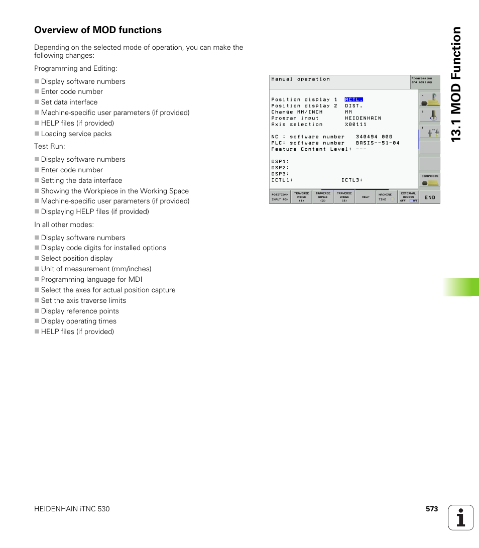 Overview of mod functions, 1 mod f unction | HEIDENHAIN iTNC 530 (340 49x-01) User Manual | Page 573 / 653