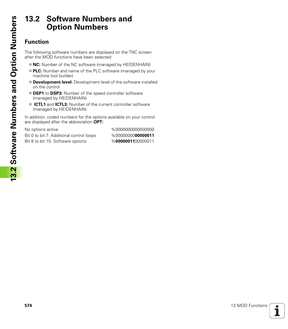 2 software numbers and option numbers, Function, Display software numbers | Display code digits for installed options | HEIDENHAIN iTNC 530 (340 49x-01) User Manual | Page 574 / 653