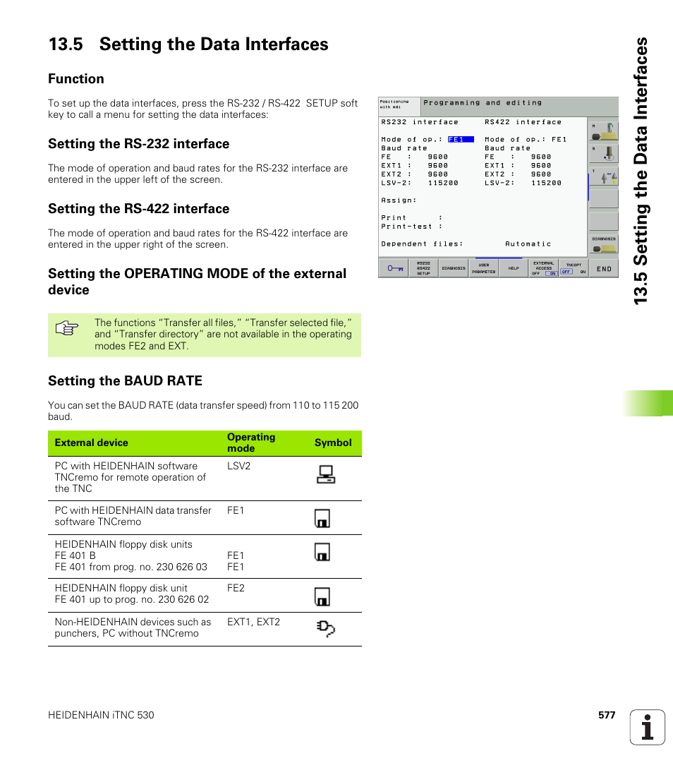5 setting the data interfaces, Function, Setting the rs-232 interface | Setting the rs-422 interface, Setting the operating mode of the external device, Setting the baud rate, Set data interface, Setting the data interface | HEIDENHAIN iTNC 530 (340 49x-01) User Manual | Page 577 / 653