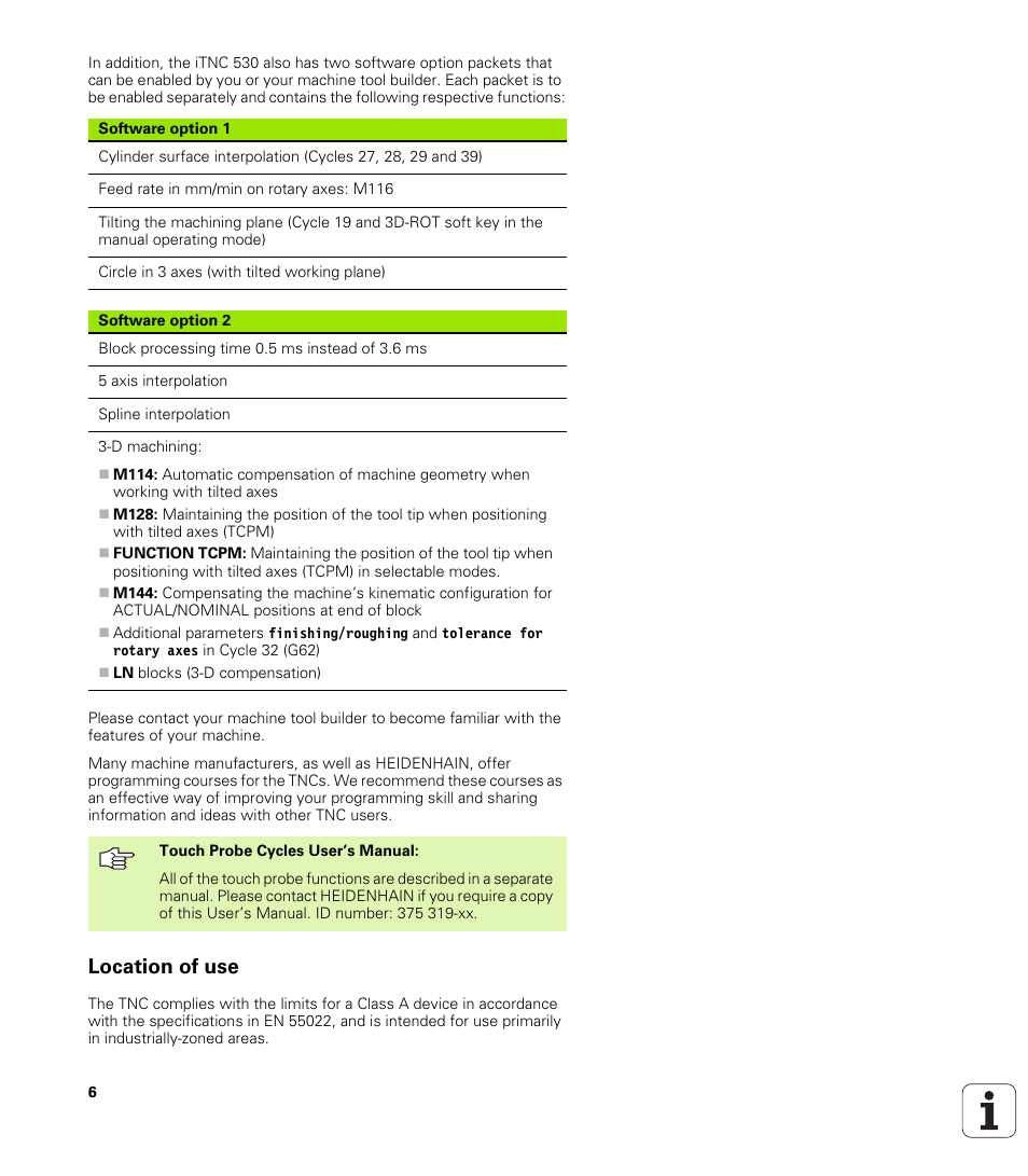 Location of use | HEIDENHAIN iTNC 530 (340 49x-01) User Manual | Page 6 / 653