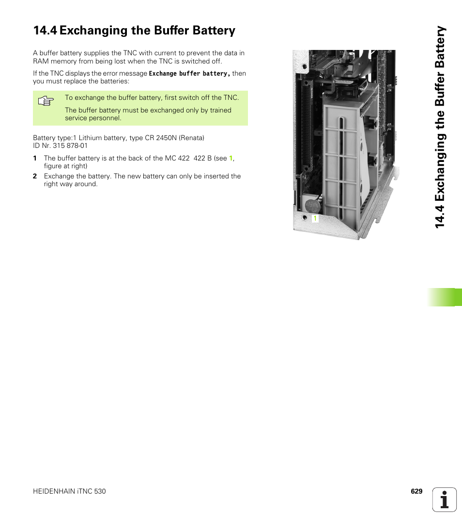 4 exchanging the buffer battery | HEIDENHAIN iTNC 530 (340 49x-01) User Manual | Page 629 / 653