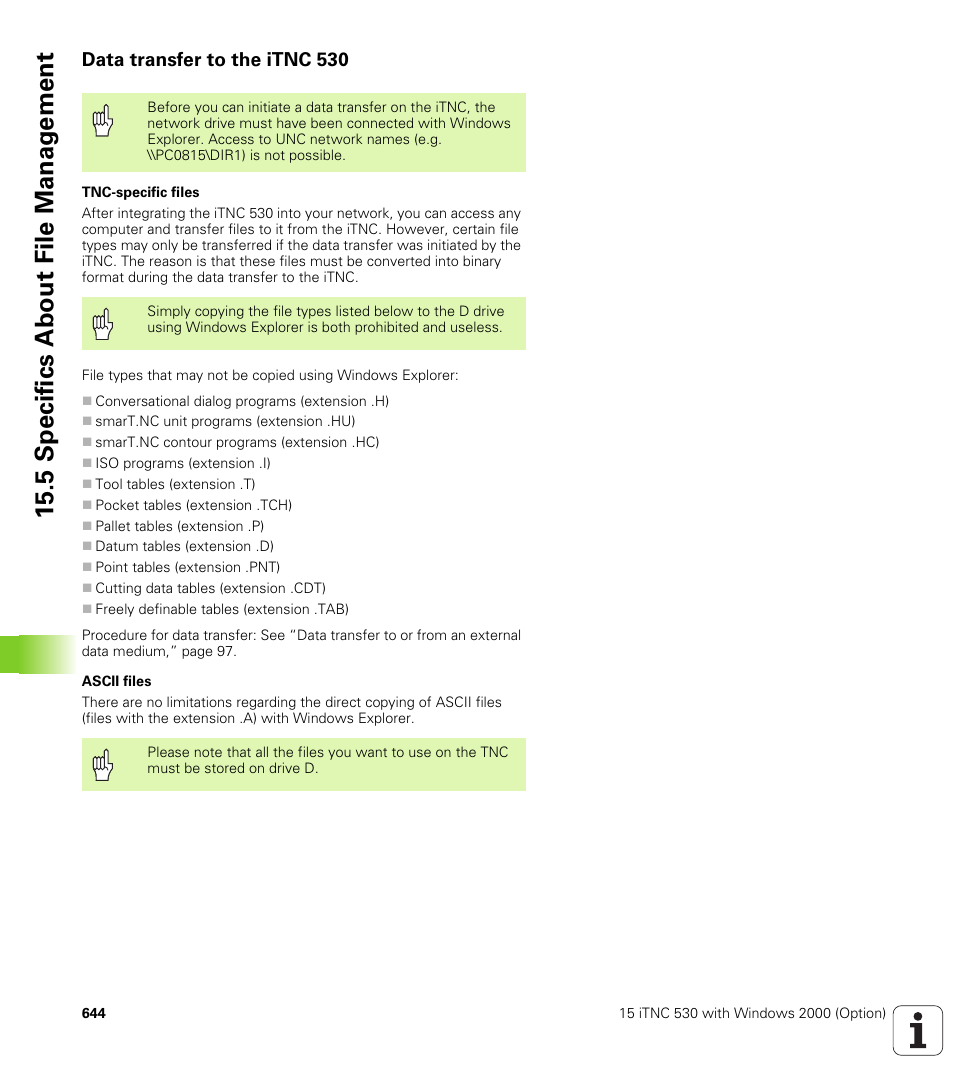 Data transfer to the itnc 530, 5 specifics about file manag e ment | HEIDENHAIN iTNC 530 (340 49x-01) User Manual | Page 644 / 653