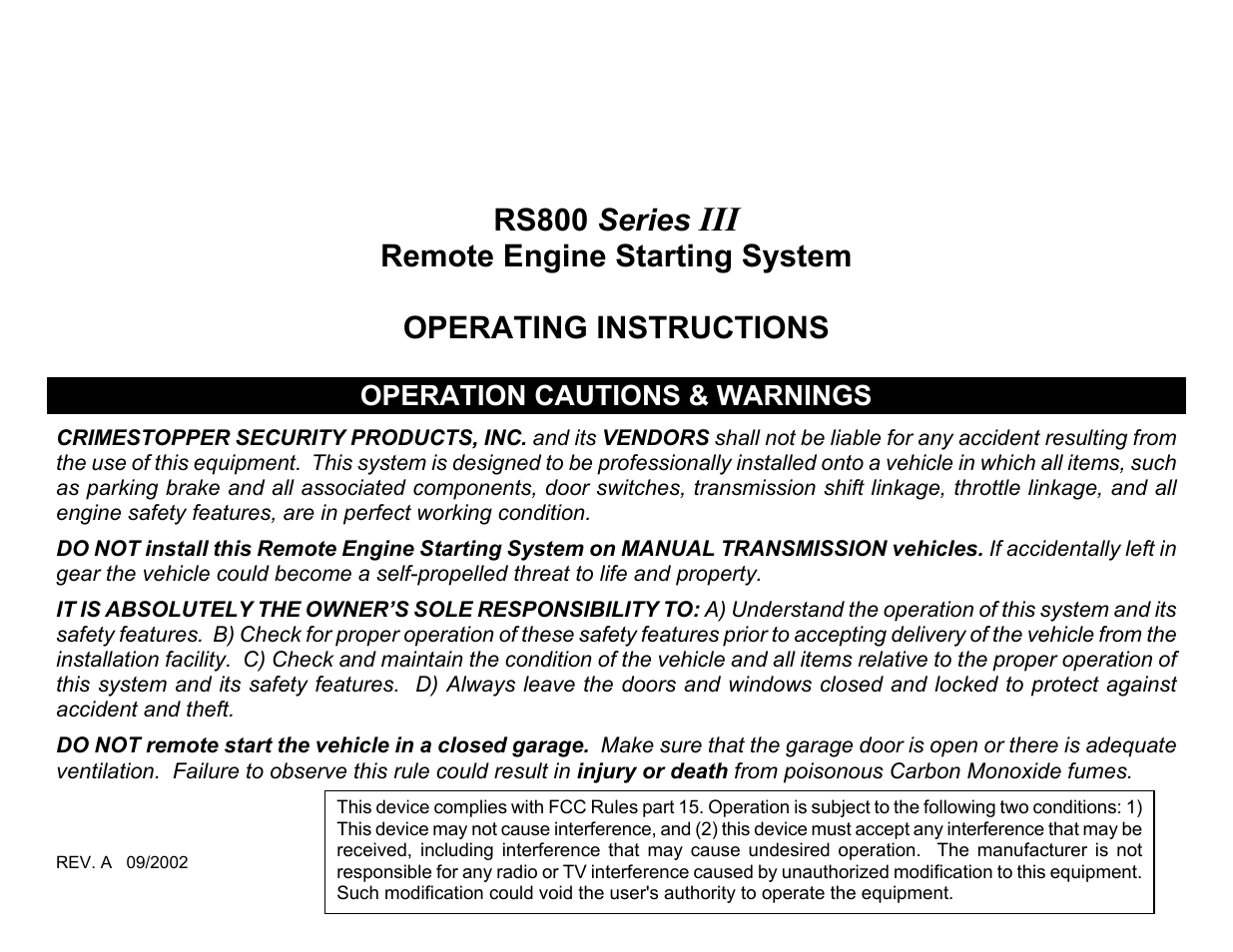 Crimestopper Security Products RS800 User Manual | 4 pages