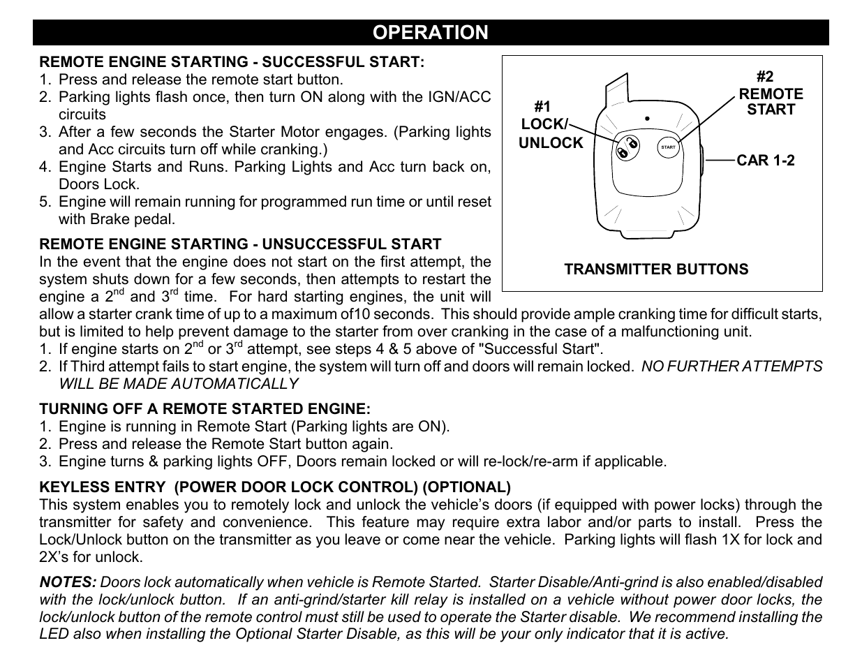 Operation, Remote engine starting - successful start, Remote engine starting - unsuccessful start | Turning off a remote started engine, Keyless entry (power door lock control) (optional) | Crimestopper Security Products RS800 User Manual | Page 2 / 4