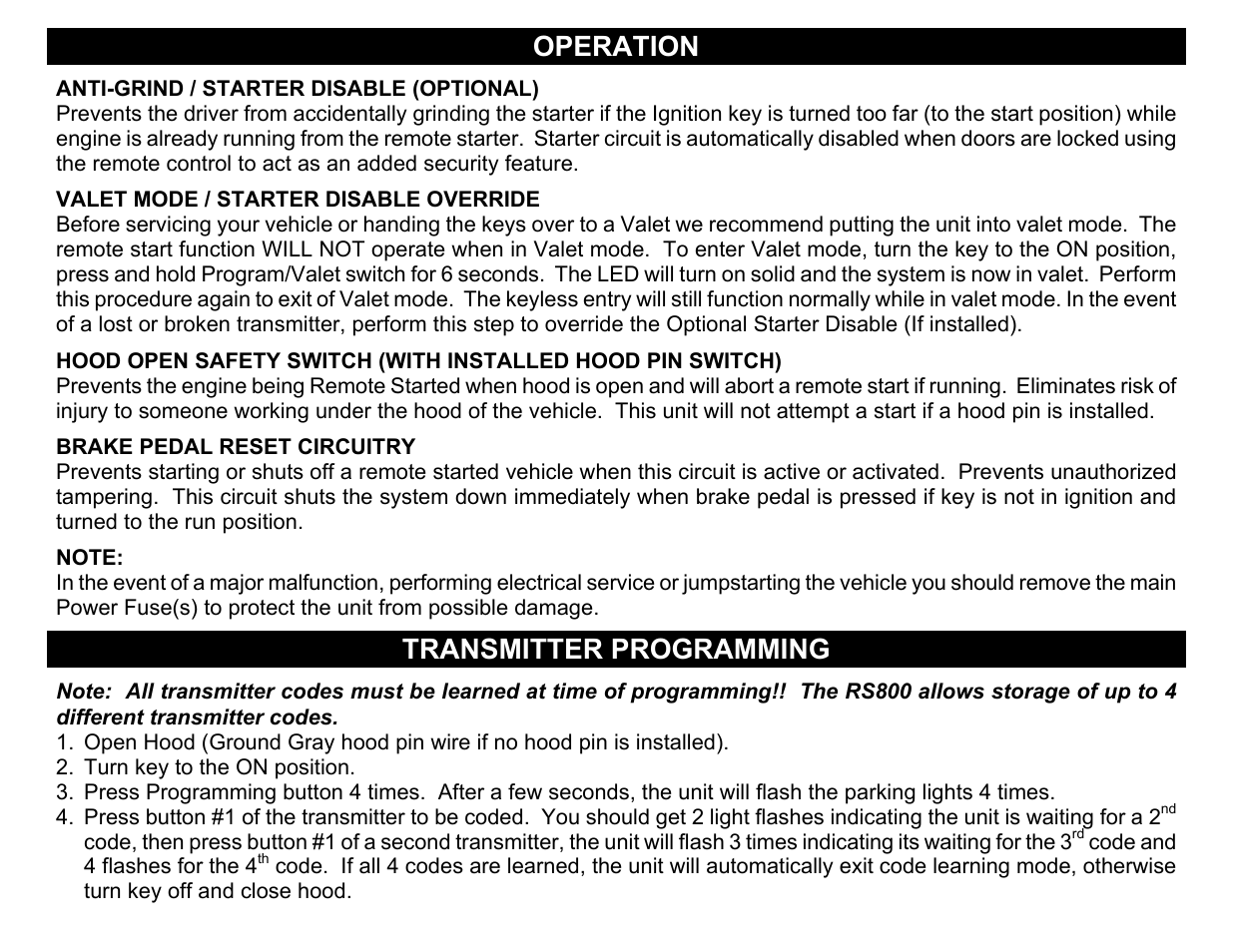 Operation, Anti-grind / starter disable (optional), Valet mode / starter disable override | Brake pedal reset circuitry, Transmitter programming | Crimestopper Security Products RS800 User Manual | Page 3 / 4