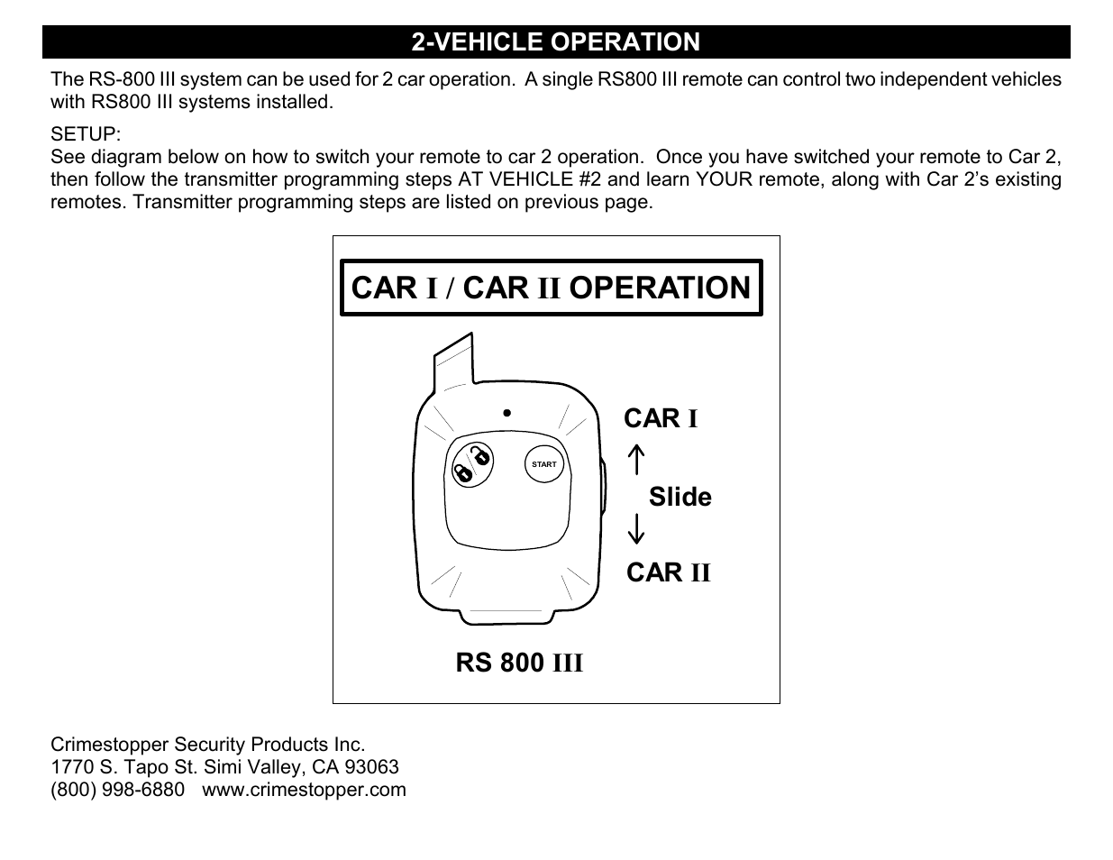 Vehicle operation, Car i / car ii operation, Car i car ii slide rs 800 iii | Crimestopper Security Products RS800 User Manual | Page 4 / 4
