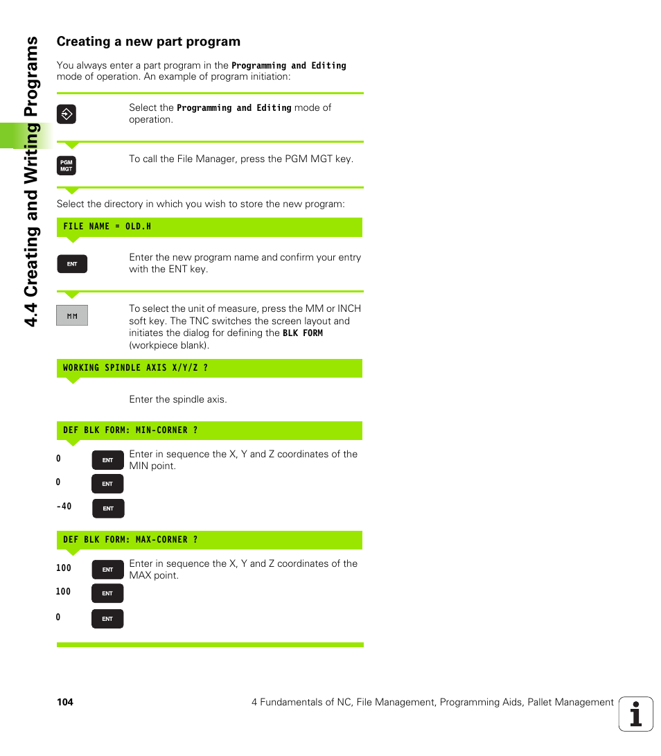 Creating a new part program, 4 cr eating and w riting pr ogr a ms | HEIDENHAIN iTNC 530 (340 49x-01) ISO programming User Manual | Page 104 / 577