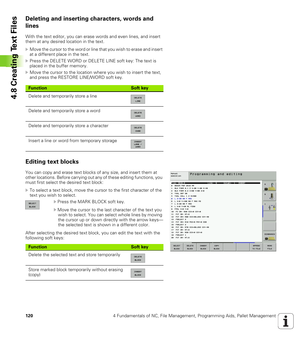 Deleting and inserting characters, words and lines, Editing text blocks, 8 cr eating t ext files | HEIDENHAIN iTNC 530 (340 49x-01) ISO programming User Manual | Page 120 / 577