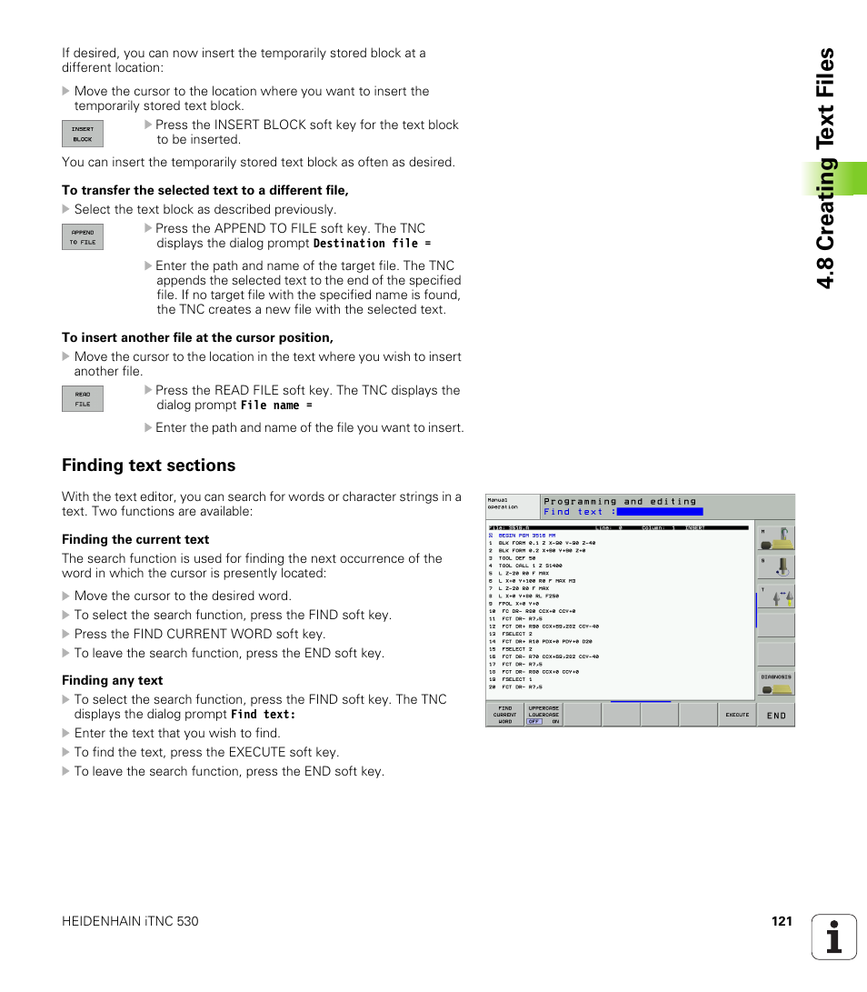 Finding text sections, 8 cr eating t ext files | HEIDENHAIN iTNC 530 (340 49x-01) ISO programming User Manual | Page 121 / 577