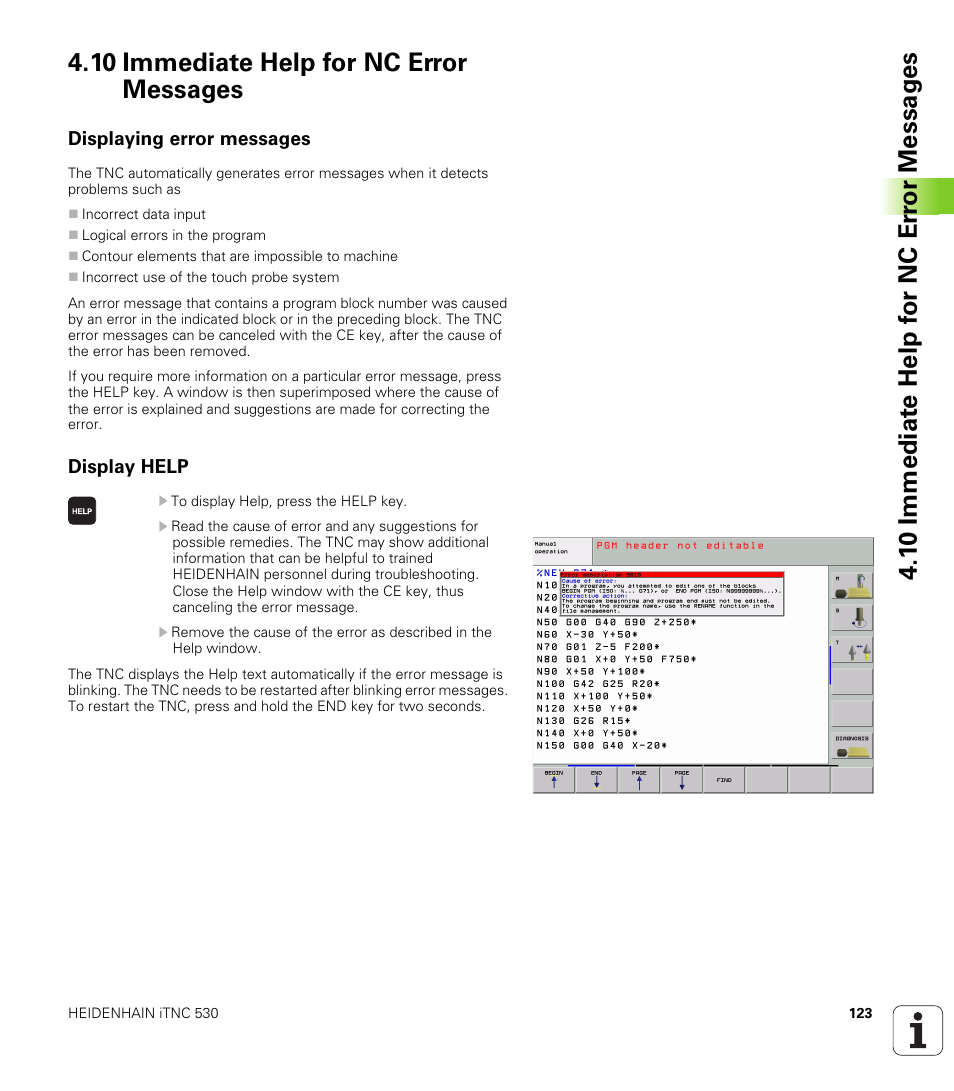 10 immediate help for nc error messages, Displaying error messages, Display help | HEIDENHAIN iTNC 530 (340 49x-01) ISO programming User Manual | Page 123 / 577