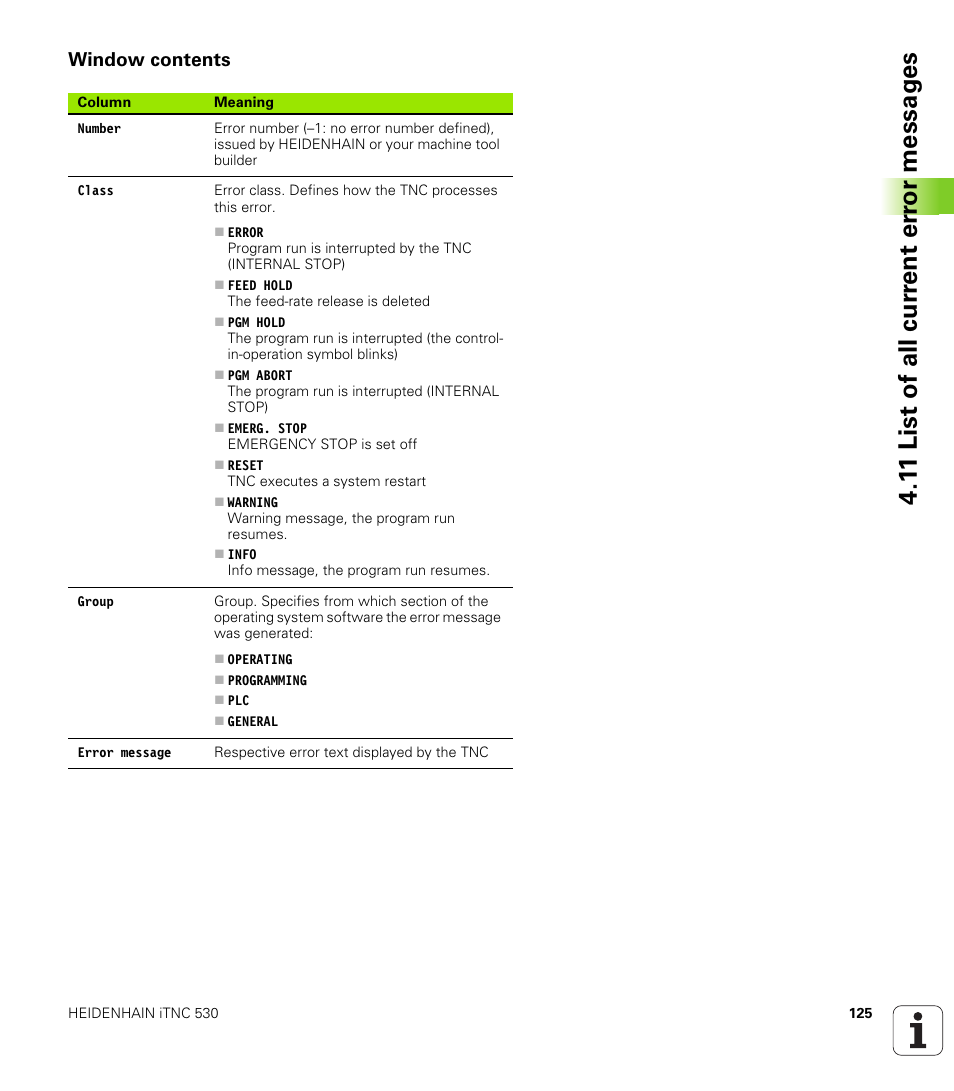 Window contents, 1 1 list of all cur rent er ro r messag es | HEIDENHAIN iTNC 530 (340 49x-01) ISO programming User Manual | Page 125 / 577