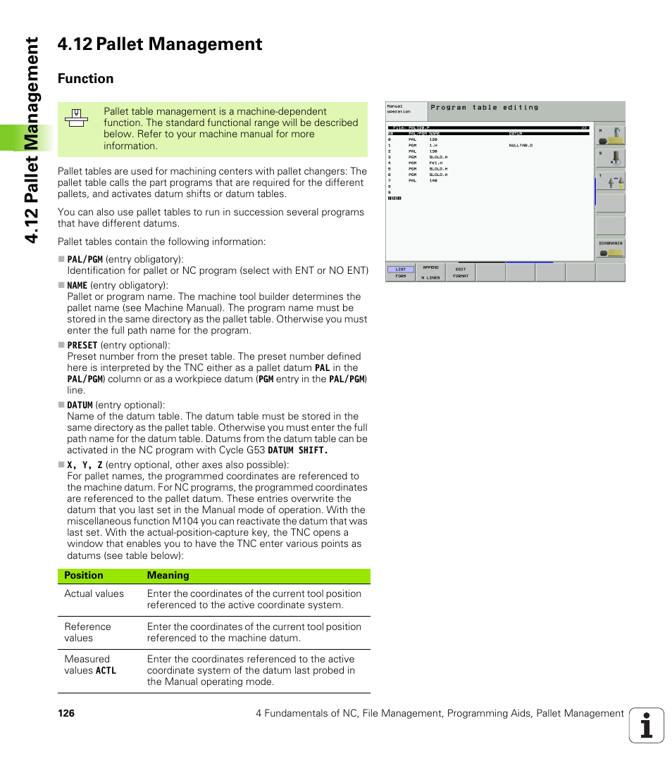 12 pallet management, Function | HEIDENHAIN iTNC 530 (340 49x-01) ISO programming User Manual | Page 126 / 577