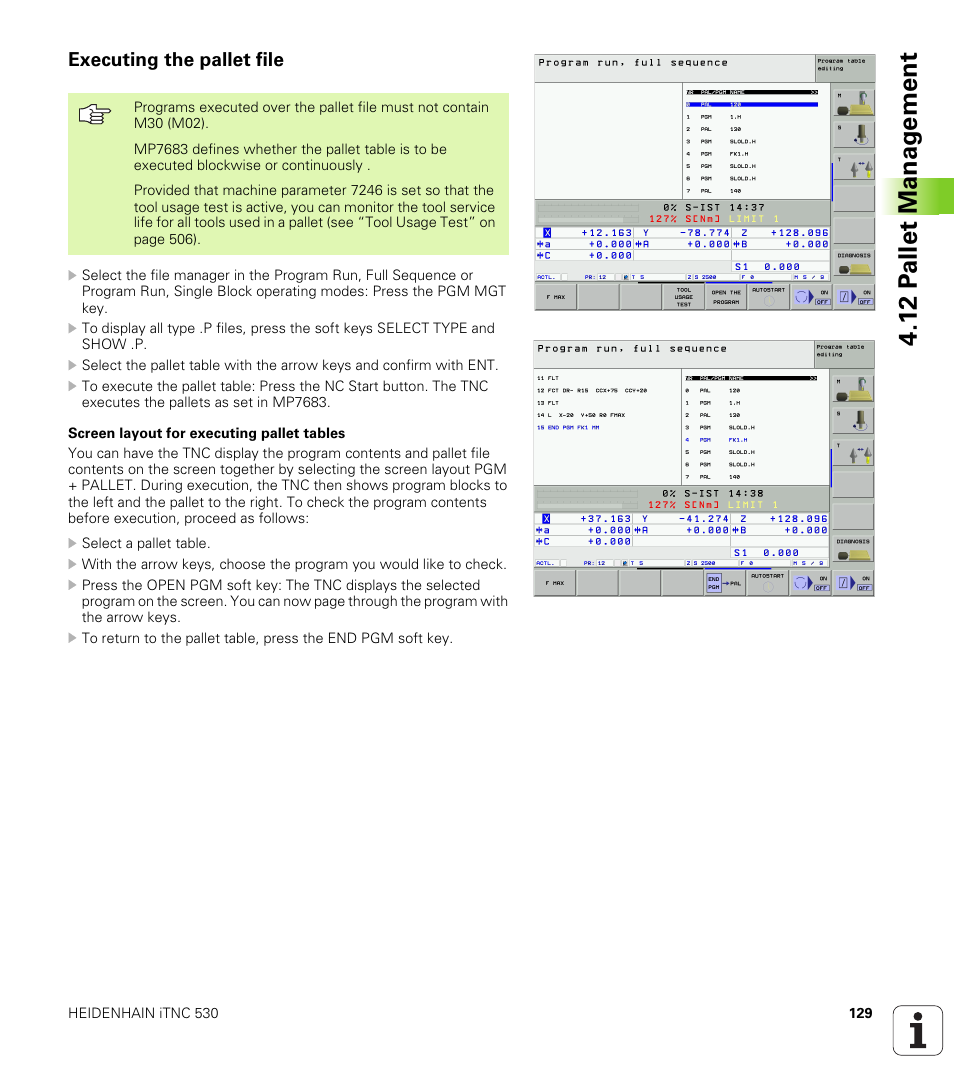 Executing the pallet file, 12 p a llet manag e ment | HEIDENHAIN iTNC 530 (340 49x-01) ISO programming User Manual | Page 129 / 577