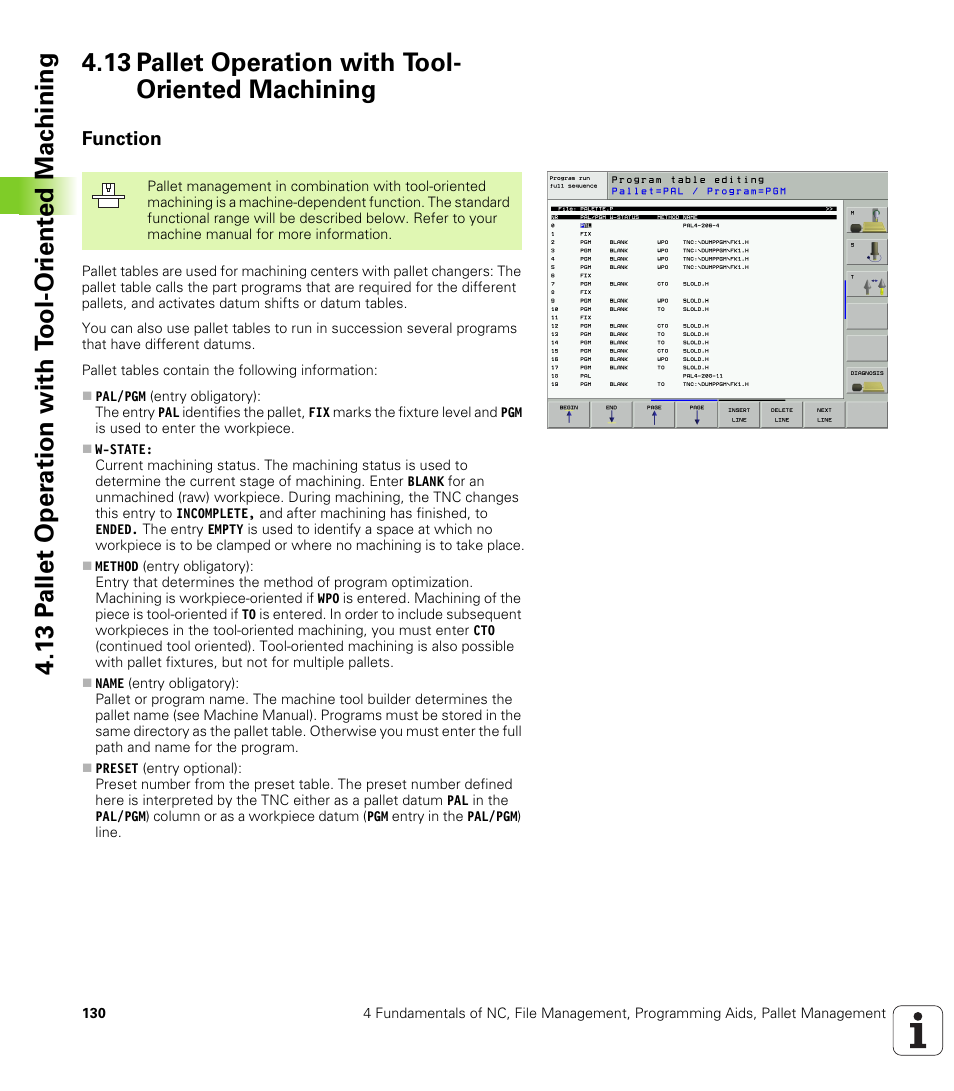 13 pallet operation with tool- oriented machining, Function, 13 pallet operation with tool-oriented machining | HEIDENHAIN iTNC 530 (340 49x-01) ISO programming User Manual | Page 130 / 577