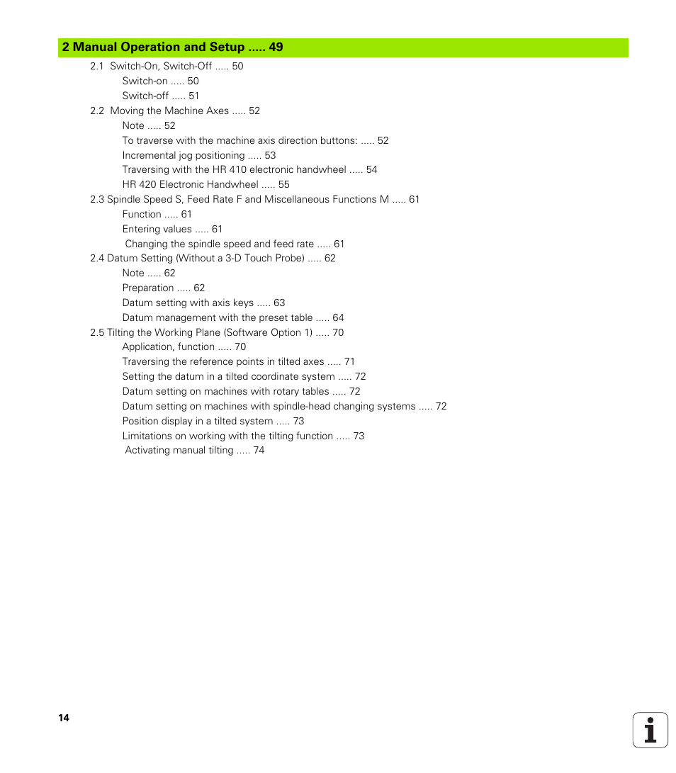 2 manual operation and setup, Manual operation and setup | HEIDENHAIN iTNC 530 (340 49x-01) ISO programming User Manual | Page 14 / 577