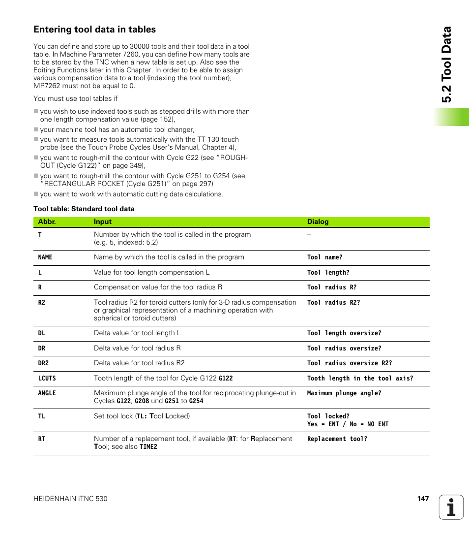 Entering tool data in tables, 2 t ool d a ta | HEIDENHAIN iTNC 530 (340 49x-01) ISO programming User Manual | Page 147 / 577