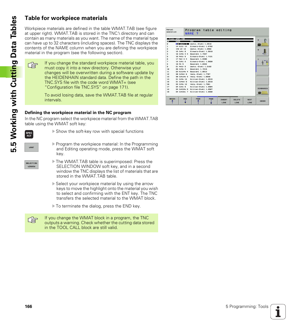 Table for workpiece materials, 5 w o rk ing with cut ting d a ta t a bles | HEIDENHAIN iTNC 530 (340 49x-01) ISO programming User Manual | Page 166 / 577