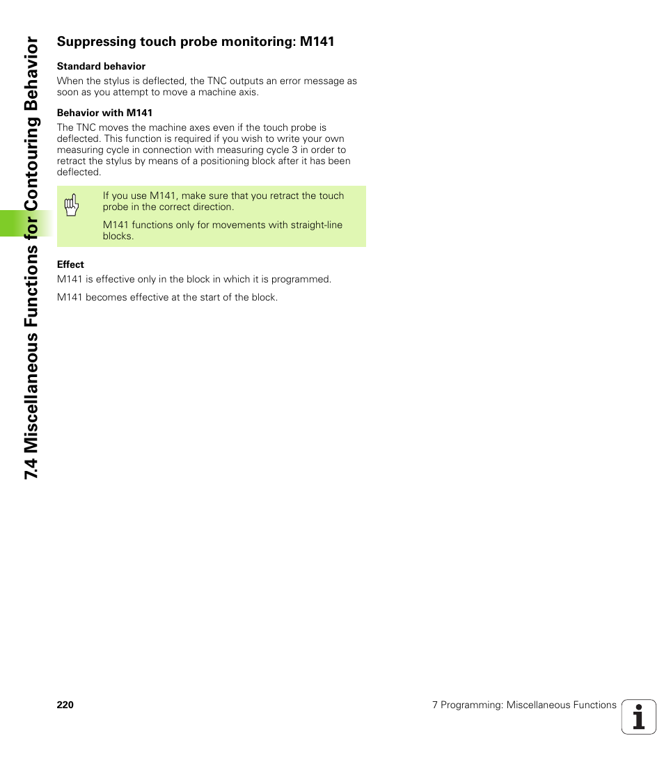 Suppressing touch probe monitoring: m141 | HEIDENHAIN iTNC 530 (340 49x-01) ISO programming User Manual | Page 220 / 577