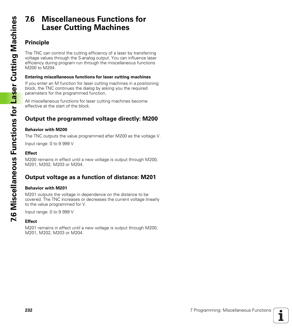 Principle, Output the programmed voltage directly: m200, Output voltage as a function of distance: m201 | HEIDENHAIN iTNC 530 (340 49x-01) ISO programming User Manual | Page 232 / 577