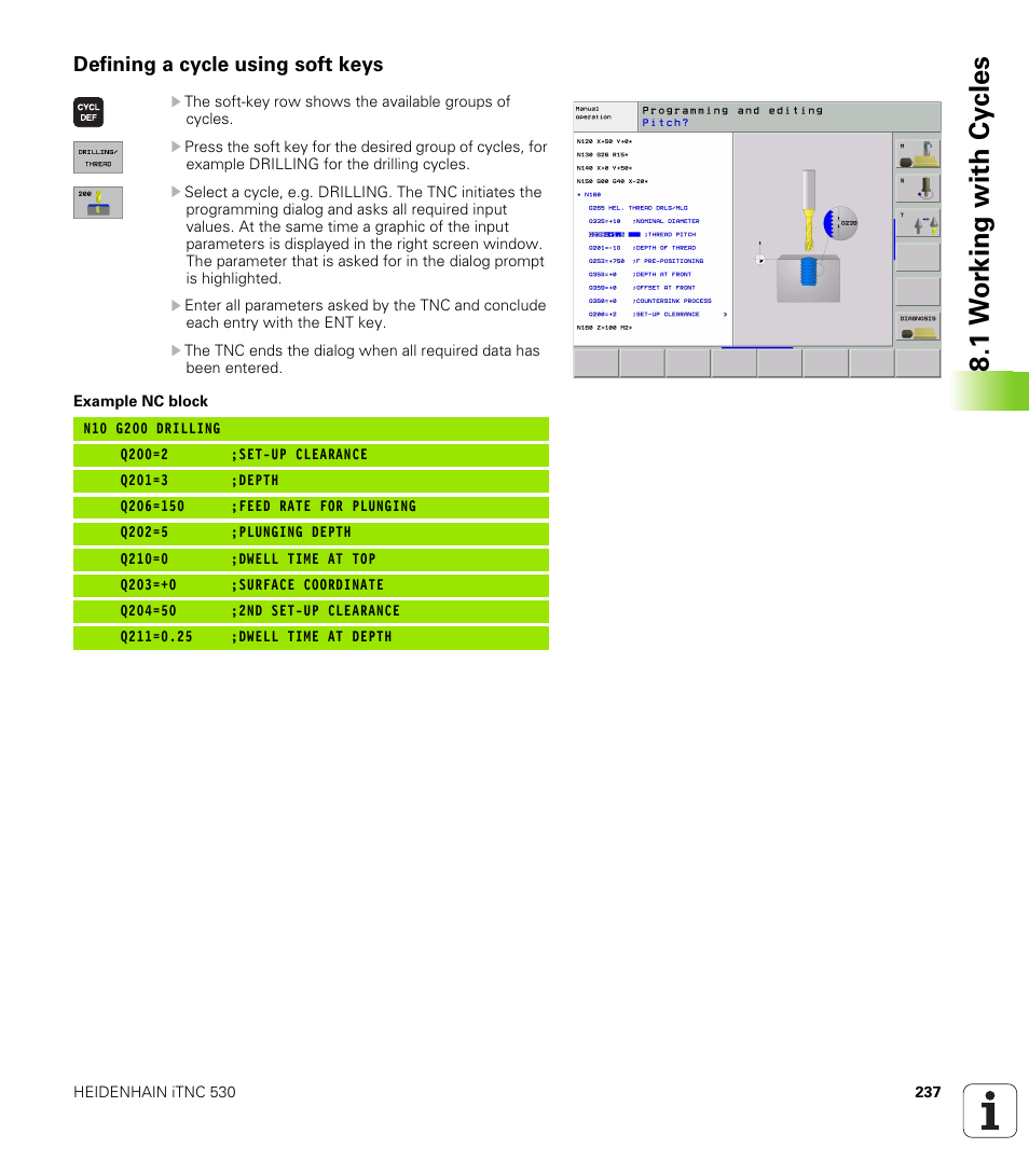 Defining a cycle using soft keys, 1 w o rk ing with cy cles | HEIDENHAIN iTNC 530 (340 49x-01) ISO programming User Manual | Page 237 / 577