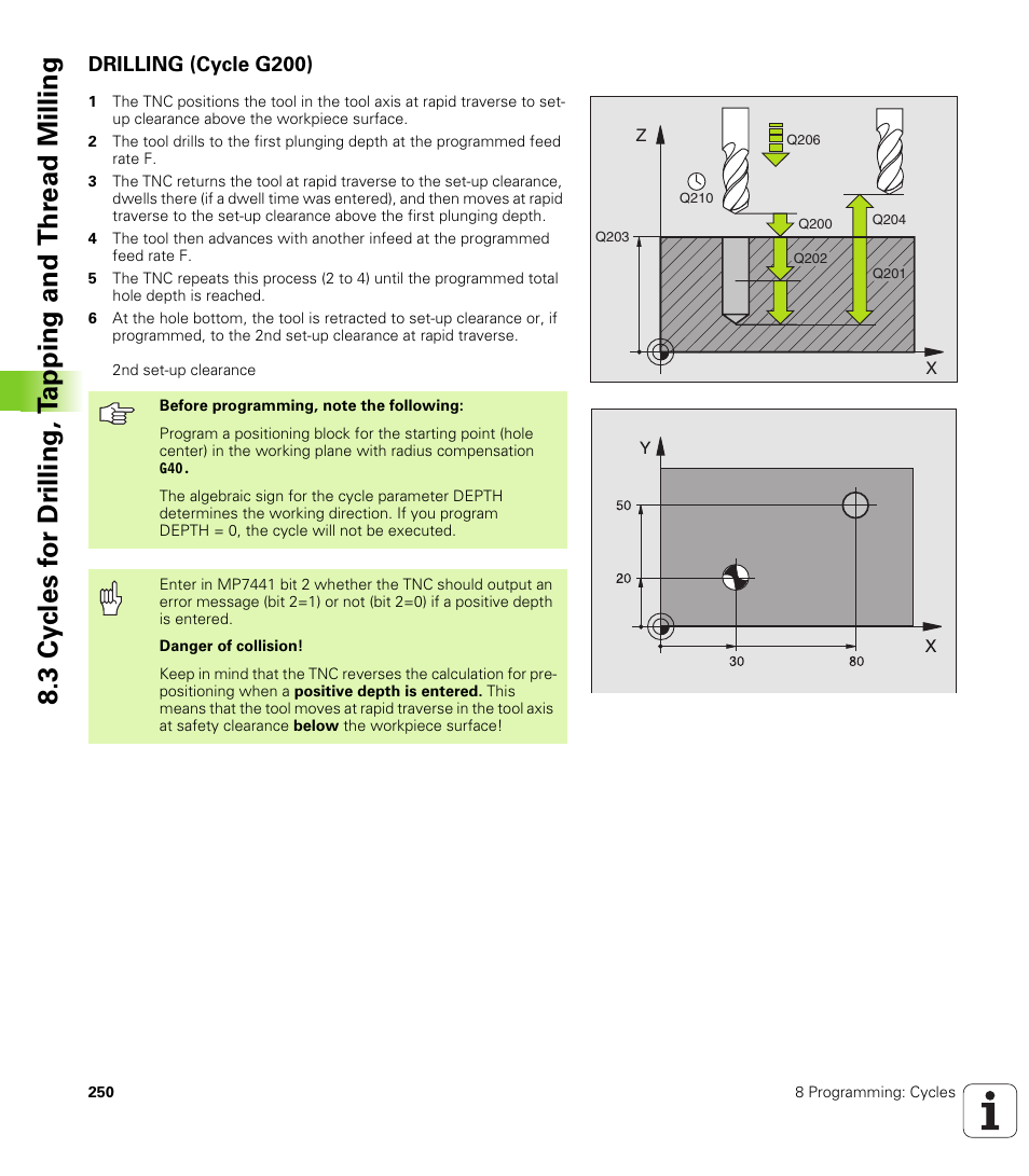 Drilling (cycle g200), Depth | HEIDENHAIN iTNC 530 (340 49x-01) ISO programming User Manual | Page 250 / 577