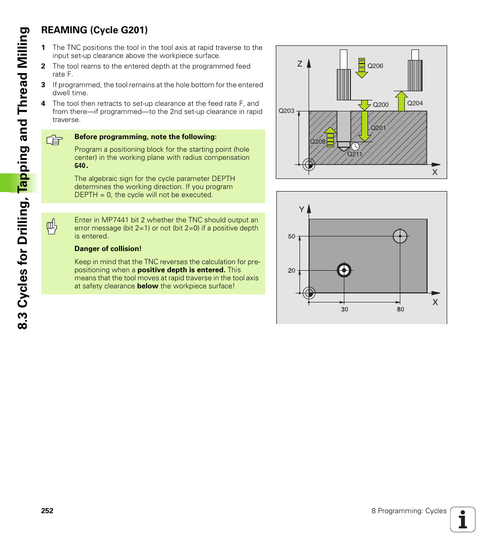 Reaming (cycle g201) | HEIDENHAIN iTNC 530 (340 49x-01) ISO programming User Manual | Page 252 / 577