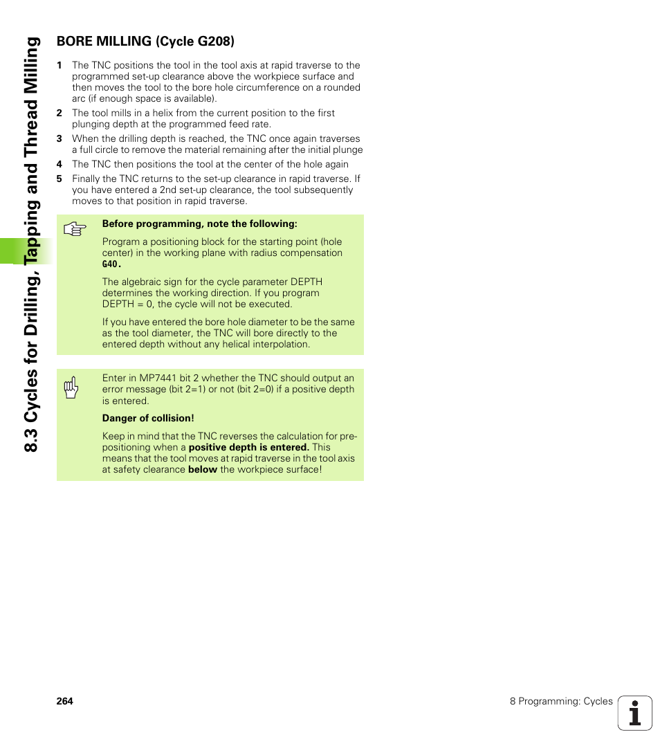 Bore milling (cycle g208) | HEIDENHAIN iTNC 530 (340 49x-01) ISO programming User Manual | Page 264 / 577