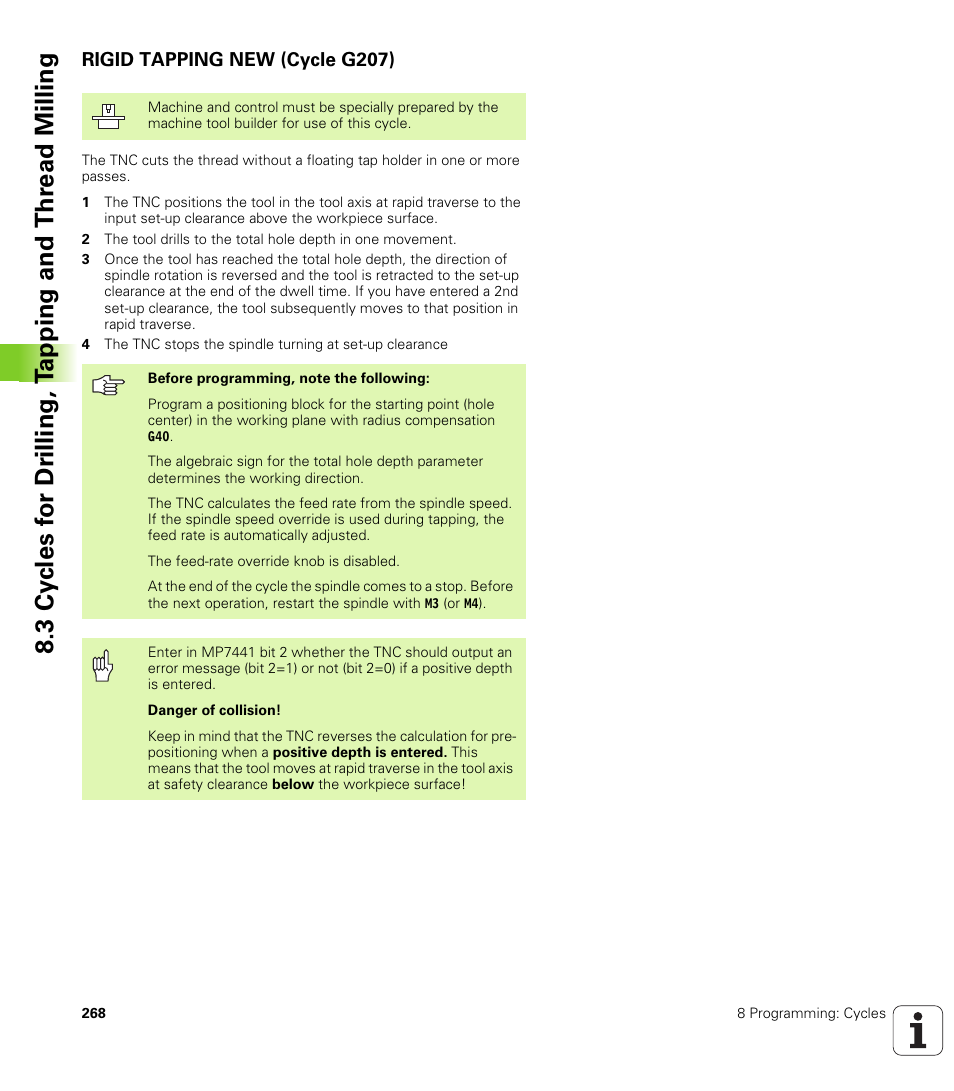 Rigid tapping new (cycle g207) | HEIDENHAIN iTNC 530 (340 49x-01) ISO programming User Manual | Page 268 / 577