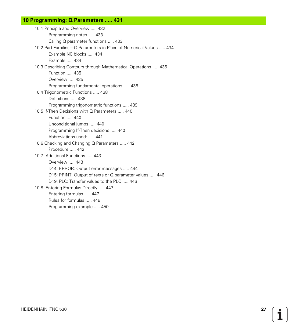 10 programming: q parameters, Programming: q parameters | HEIDENHAIN iTNC 530 (340 49x-01) ISO programming User Manual | Page 27 / 577