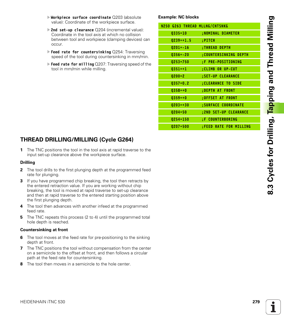 Thread drilling/milling (cycle g264), Cycle, Soft key | HEIDENHAIN iTNC 530 (340 49x-01) ISO programming User Manual | Page 279 / 577
