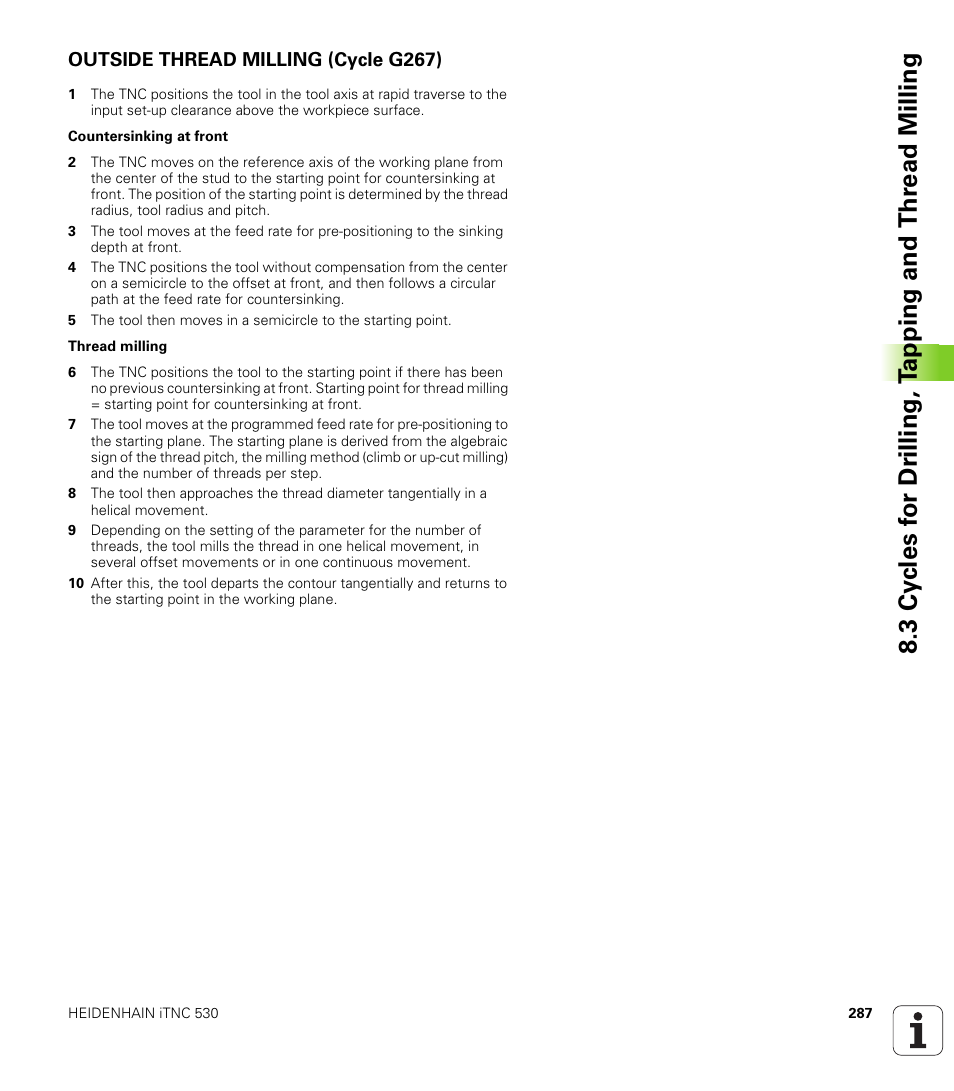 Outside thread milling (cycle g267) | HEIDENHAIN iTNC 530 (340 49x-01) ISO programming User Manual | Page 287 / 577