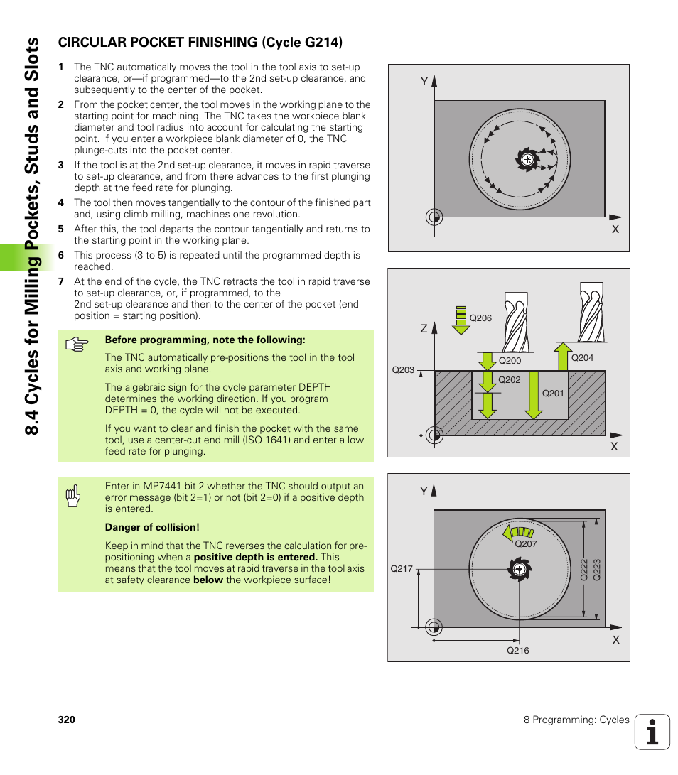 Circular pocket finishing (cycle g214) | HEIDENHAIN iTNC 530 (340 49x-01) ISO programming User Manual | Page 320 / 577