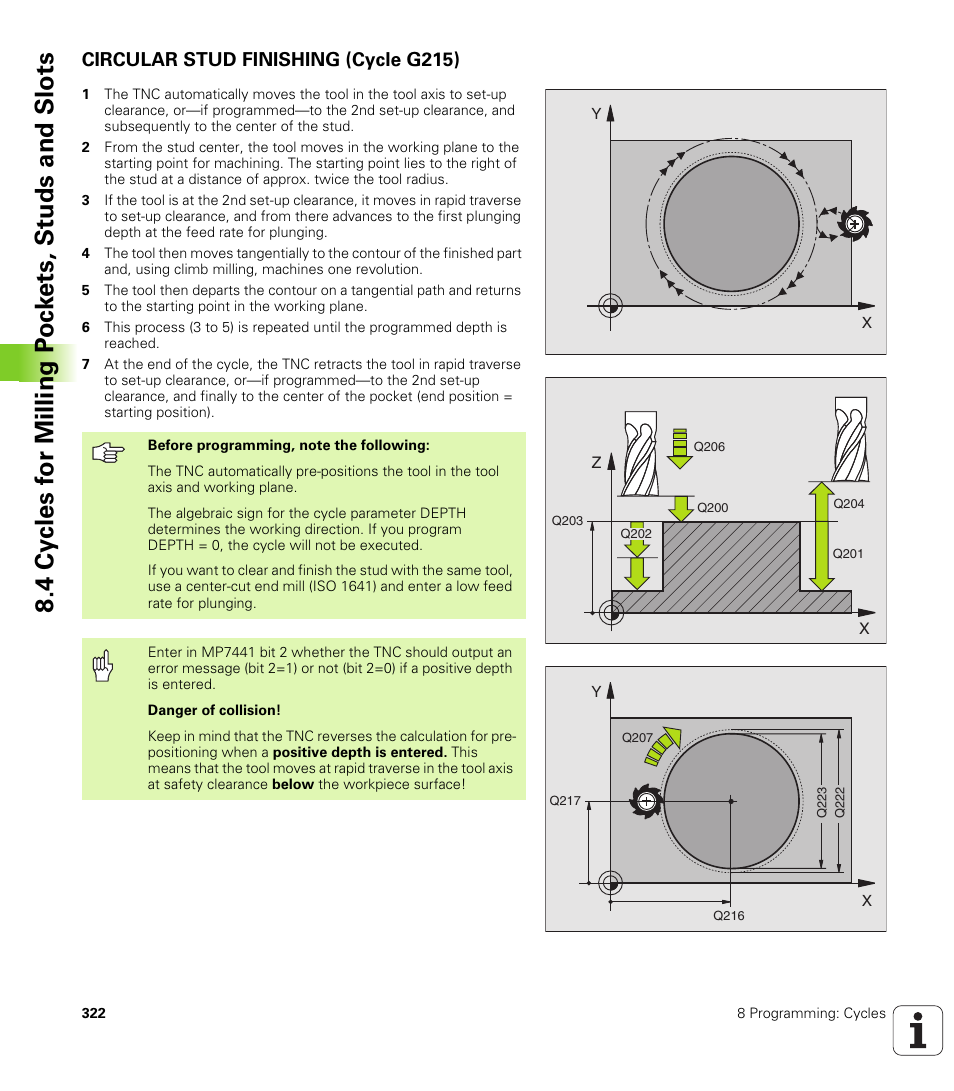 Circular stud finishing (cycle g215) | HEIDENHAIN iTNC 530 (340 49x-01) ISO programming User Manual | Page 322 / 577