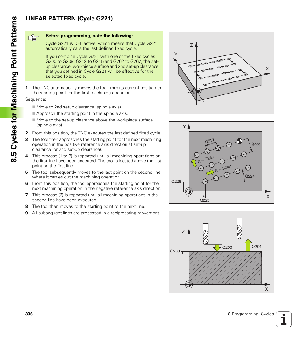 Linear pattern (cycle g221), G221 linear pattern | HEIDENHAIN iTNC 530 (340 49x-01) ISO programming User Manual | Page 336 / 577