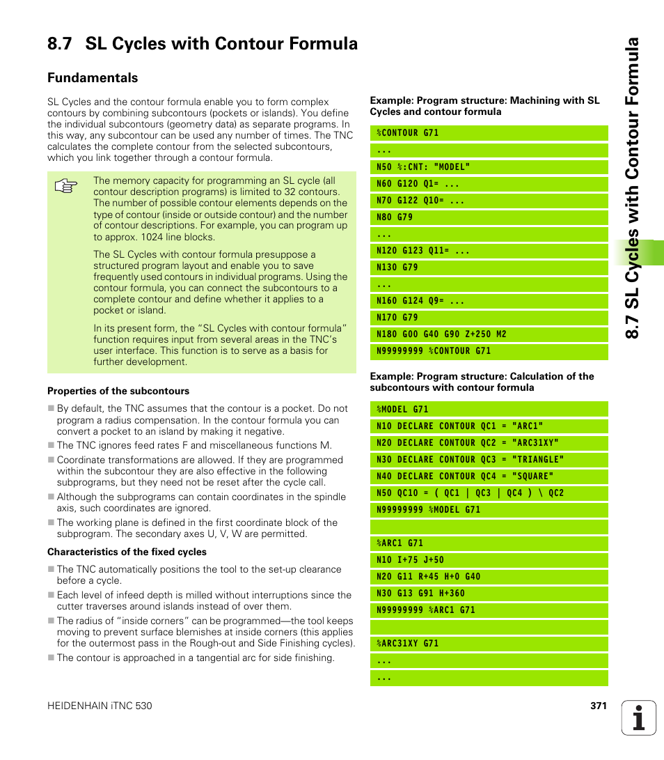7 sl cycles with contour formula, Fundamentals | HEIDENHAIN iTNC 530 (340 49x-01) ISO programming User Manual | Page 371 / 577
