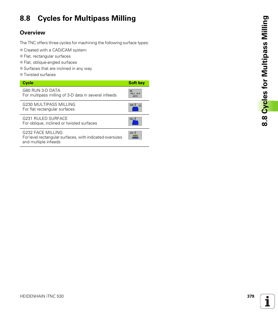 8 cycles for multipass milling, Overview | HEIDENHAIN iTNC 530 (340 49x-01) ISO programming User Manual | Page 379 / 577