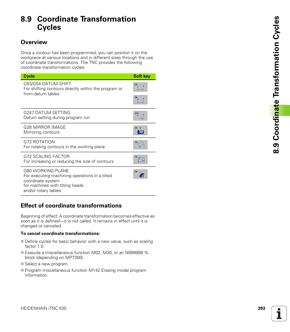 9 coordinate transformation cycles, Overview, Effect of coordinate transformations | HEIDENHAIN iTNC 530 (340 49x-01) ISO programming User Manual | Page 393 / 577