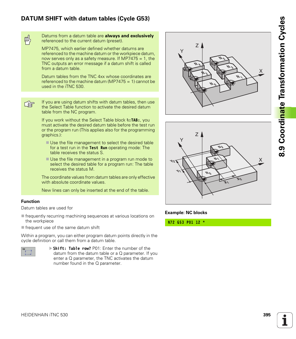 Datum shift with datum tables (cycle g53), 9 coor di na te t ra n s for m a ti on cy cle s | HEIDENHAIN iTNC 530 (340 49x-01) ISO programming User Manual | Page 395 / 577