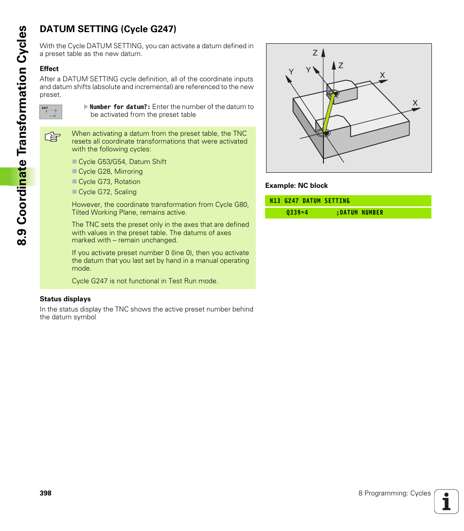 Datum setting (cycle g247), 9 coor di na te t ra n s for m a ti on cy cle s | HEIDENHAIN iTNC 530 (340 49x-01) ISO programming User Manual | Page 398 / 577