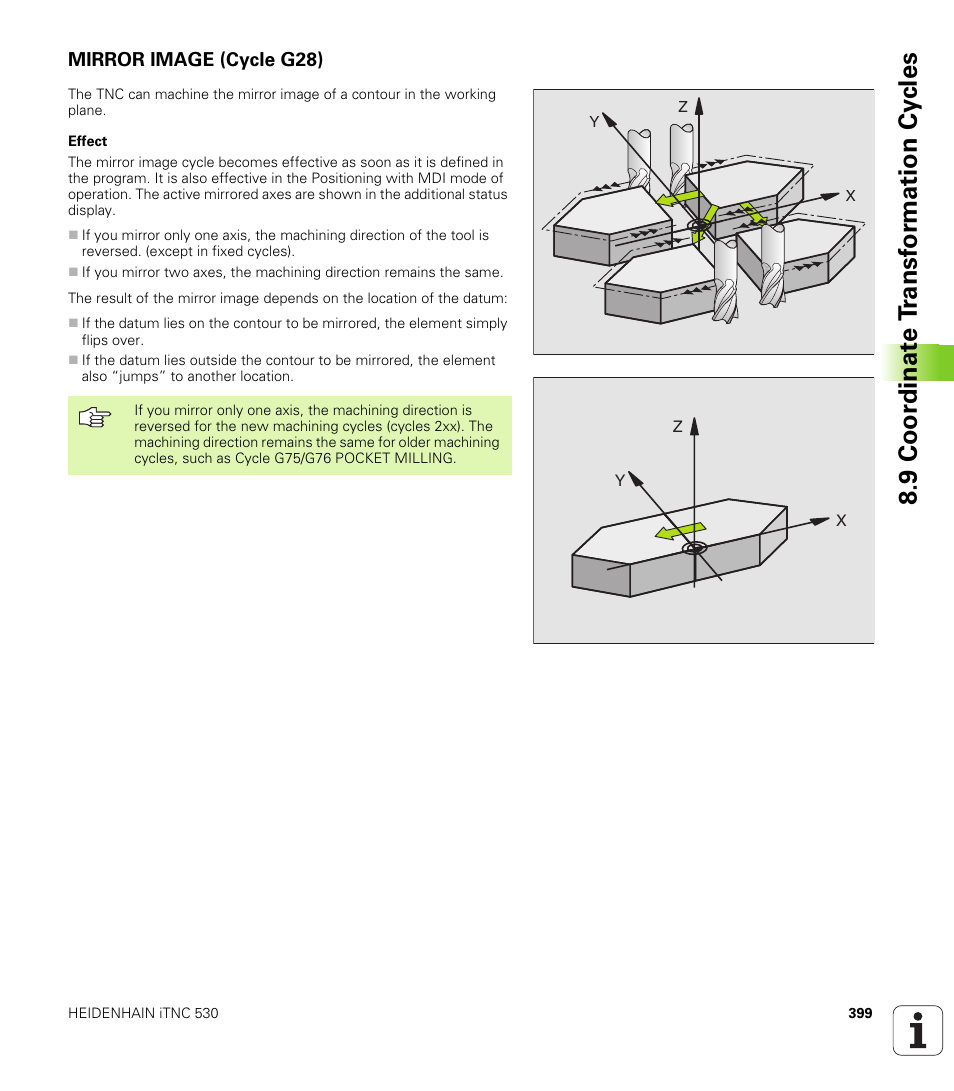 Mirror image (cycle g28), G28 mirror image mirroring contours, 9 coor di na te t ra n s for m a ti on cy cle s | HEIDENHAIN iTNC 530 (340 49x-01) ISO programming User Manual | Page 399 / 577