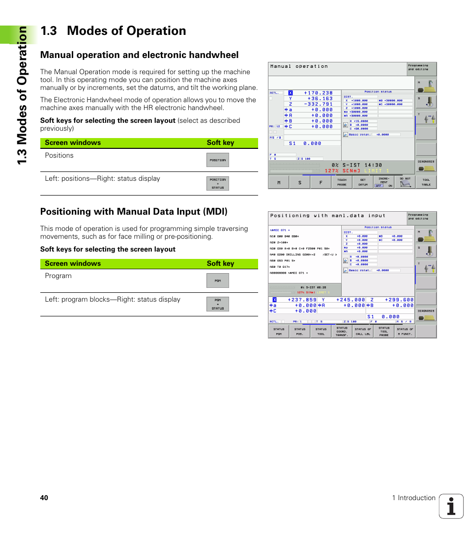 3 modes of operation, Manual operation and electronic handwheel, Positioning with manual data input (mdi) | 3 modes of oper ation 1.3 modes of operation | HEIDENHAIN iTNC 530 (340 49x-01) ISO programming User Manual | Page 40 / 577