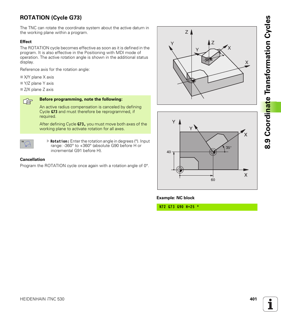 Rotation (cycle g73), 9 coor di na te t ra n s for m a ti on cy cle s | HEIDENHAIN iTNC 530 (340 49x-01) ISO programming User Manual | Page 401 / 577